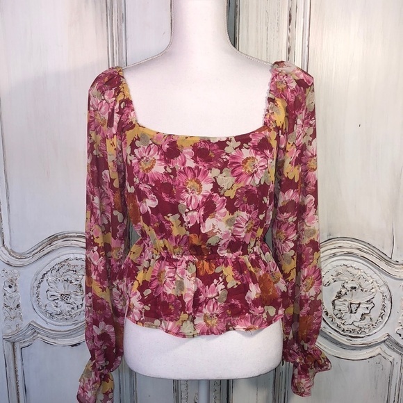 WAYF Beautiful Multi Color Sheer Square Neck Long Puff Sleeve Blouse Size XS - Picture 1 of 10